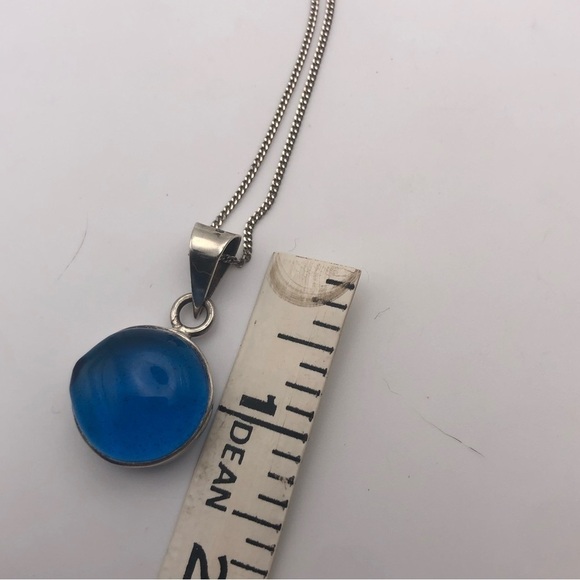 VTG Sterling Round Blue Glass Pendant & Chain - 18” & 1.4” Pendant - Picture 10 of 10